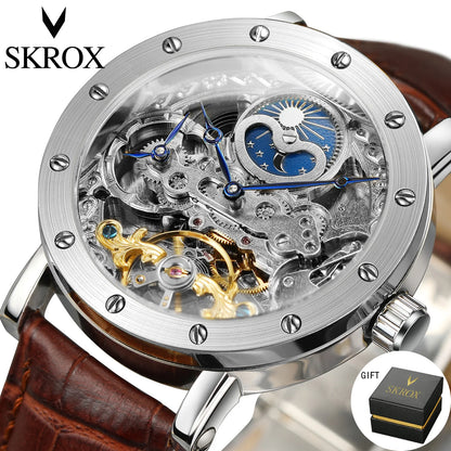 SKROX mekanisk automatisk armbåndsur til mænd, skeletmodel med GMT-funktion, månefase og tourbillon – Elegant og originalt luksusur i topklasse.