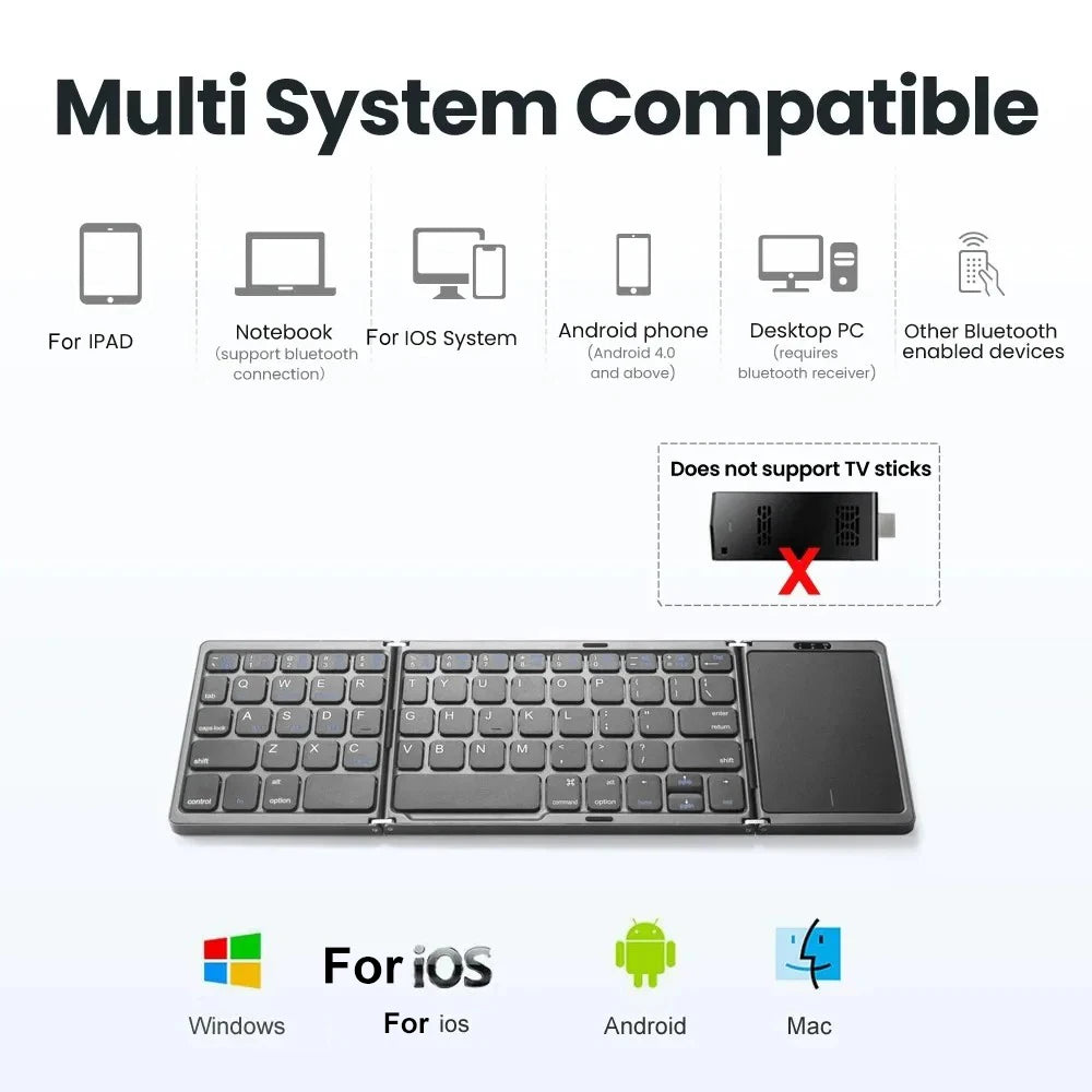 Tri-Bluetooth Keyboard Tri-fold keyboard with Touchpad Portable Mini Keyboard Rechargeable Keyboard for PC Windows Android IOS