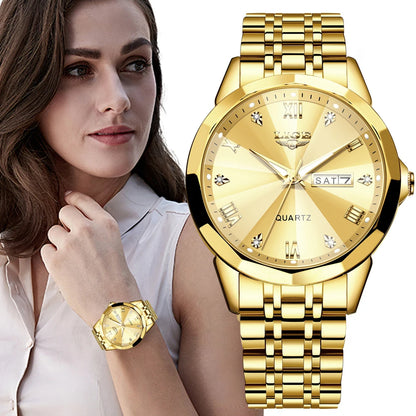 Relógio de pulso de quartzo para mulher LIGE – Elegante e luxuoso, com indicação da data e do dia da semana – Relógio simples e à prova de água, ideal como presente para mulher
