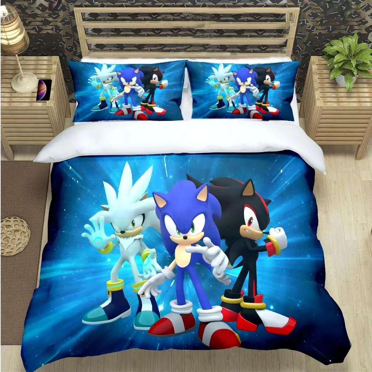 Mados animacinių filmų personažų motyvais dekoruotas patalynės komplektas „Sonic“ antklodės užvalkalas, antklodė, lovos užklotas, skirtas paaugliams, vaikams, mergaitėms ir berniukams – prabangus gimtadienio dovana