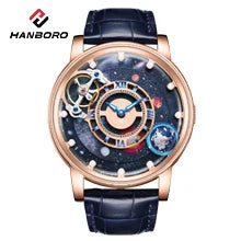 ase Autoy HANBORO Men’s Luxury Automatic Skeleton Watch  Rose Gold Starry Sky Moon Phase Mechanical WristwatchHollow Flywheel Moon Phxury Space Theme Sports Watch 980