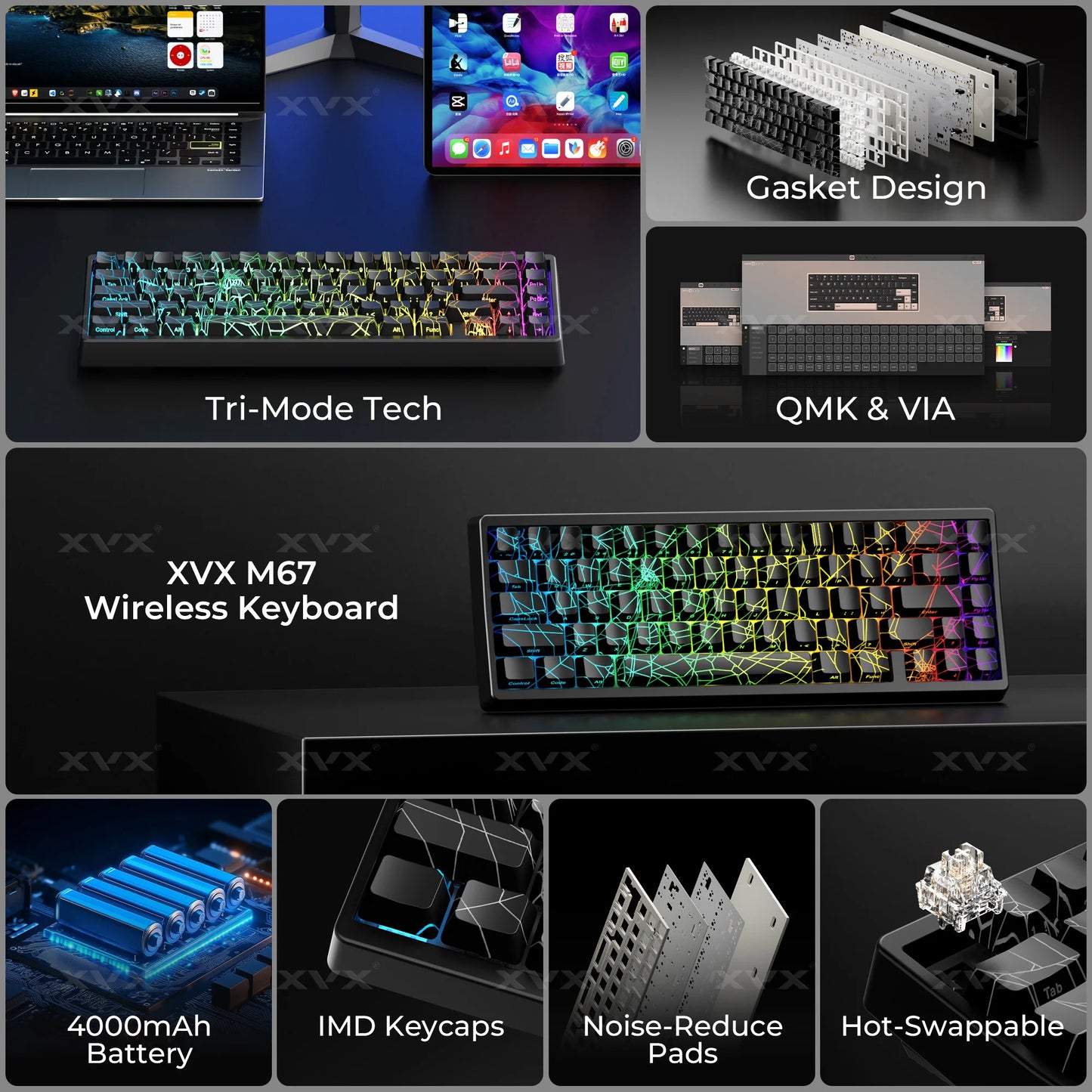 XVX Spider Web Keyboard M67 JadeStone With IMD-Tech Keycaps Tri-Mode Connection Custom RGB Backlight Keyboard 60%