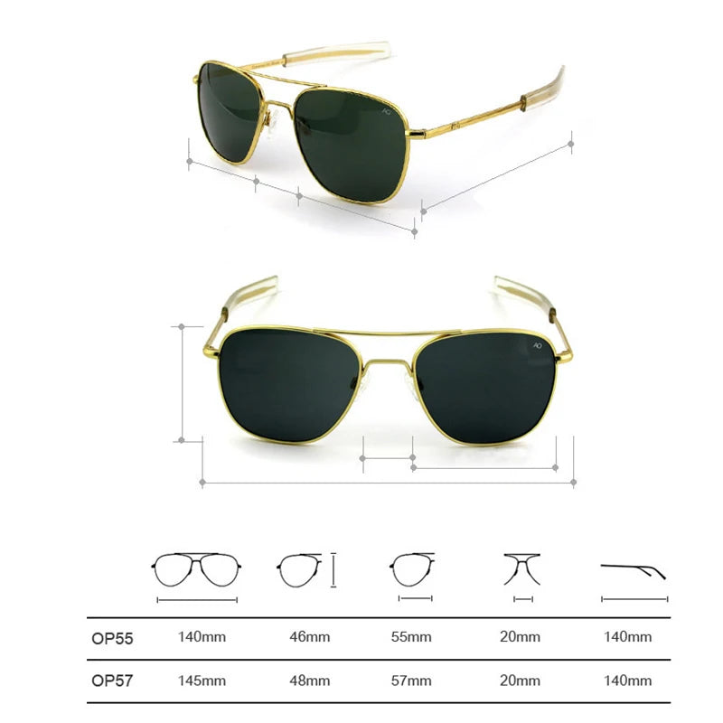 Pilot AO Sunglasses Men Top Quality American Army Military Mirror AGX Tempered Glass Lens Sun Glasses