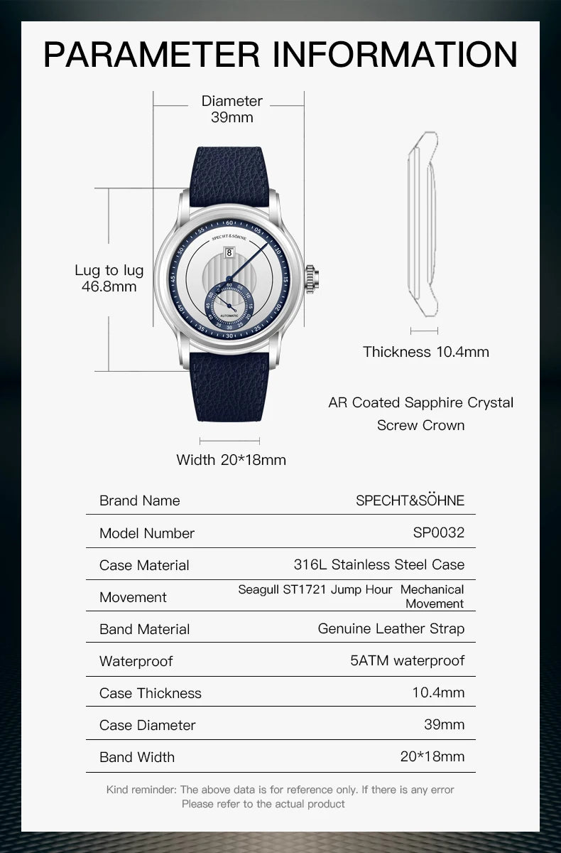 2026 Newly designed Specht & Söhne Men Automatic Watch 39mm Jumping Hour Mechanical Wristwatch Sapphire Crystal Reloj Hombre
