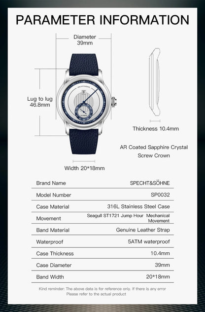 2026 Newly designed Specht & Söhne Men Automatic Watch 39mm Jumping Hour Mechanical Wristwatch Sapphire Crystal Reloj Hombre