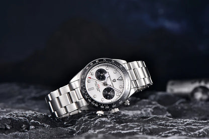 Vyriškas laikrodis „PAGANI DESIGN“ „Panda“ – prabangus kvarcinis chronografas, atsparus vandeniui, safyro stiklas su antirefleksine danga, šviečiantis sportinis laikrodis