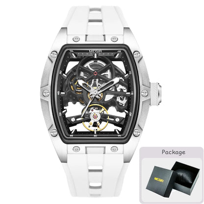 Relógio mecânico para homem MEGIR, formato de barril, mostrador esqueletizado com aberturas, estilo desportivo, bracelete em silicone, relógio automático de luxo