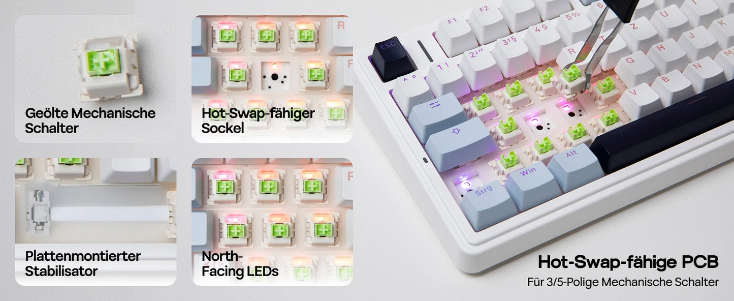 Teclado mecánico inalámbrico EPOMAKER x AULA F75 ISO-DE con conectividad trimodo, distribución alemana QWERTZ y batería de 4000 mAh