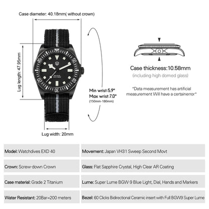 Watchdives EXD 40Mm Titanium Dive Watch Men's VH31 Sweep Quartz Watches 200 Waterproof AR Sapphire BGW9 Luminous 316L Wristwatch