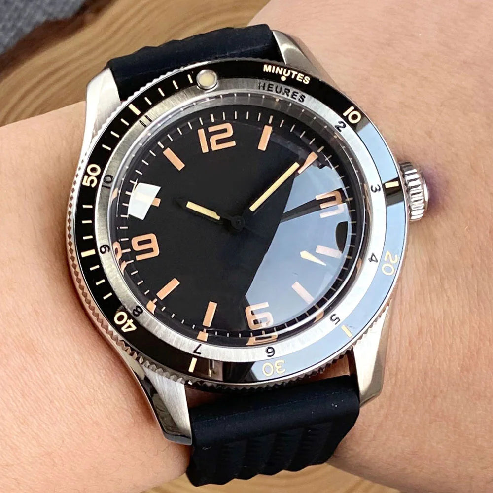 Tandorio NH35A PT5000 Mechanical Mens Watch 20BAR Waterproof Sapphire Luminous Red Black Dial Stainless Steel Bracelet New Clock