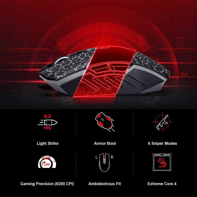 A4TECH A70 Bloody Light Strike Black Gaming Mouse, 100-6200 CPI Adjustable, 6 Sniper Modes, Durable X Glide Metal Armor Boot