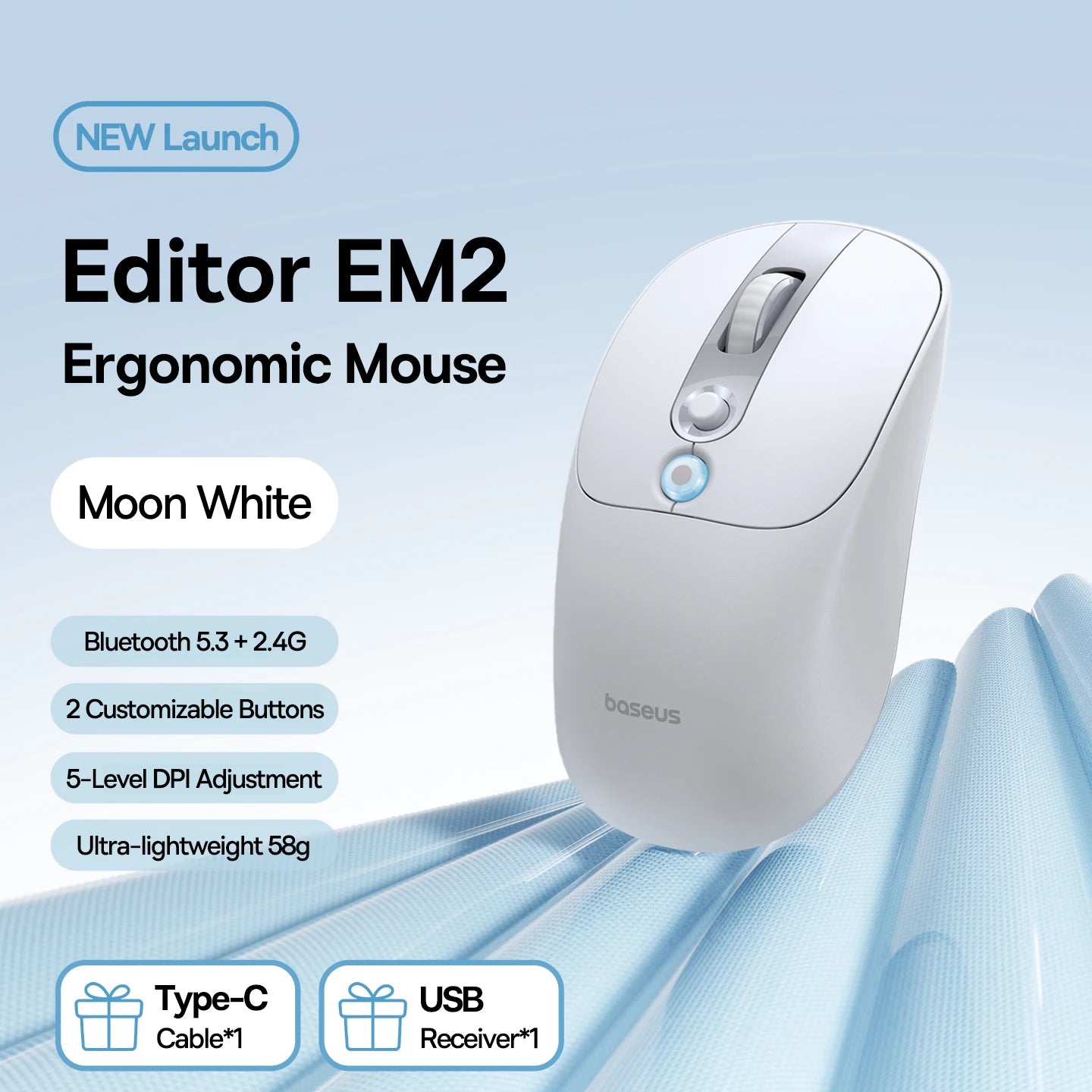 【NAUJIENA】Baseus EM2 ergonominė belaidė pelė, Bluetooth 5.3, 2.4G, Type-C įkrovimas, itin lengva tyli pelė su pritaikomu mygtuku