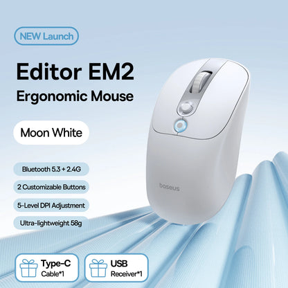 【NAUJIENA】Baseus EM2 ergonominė belaidė pelė, Bluetooth 5.3, 2.4G, Type-C įkrovimas, itin lengva tyli pelė su pritaikomu mygtuku