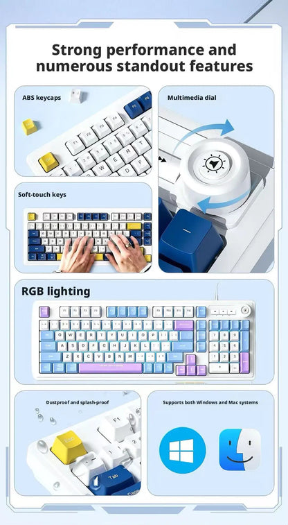 Wired Gaming Keyboard Mechanical Feel with Rotary Knob Three Color Mixed Backlit for PC Desktop Laptop Computer Accessories
