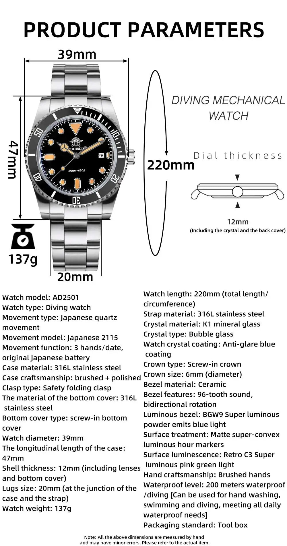 ADDIESDIVE Men’s Luxury Diver Watch Luminous Dial, Ceramic Bezel, Stainless Steel & 20 Bar Water Resistant