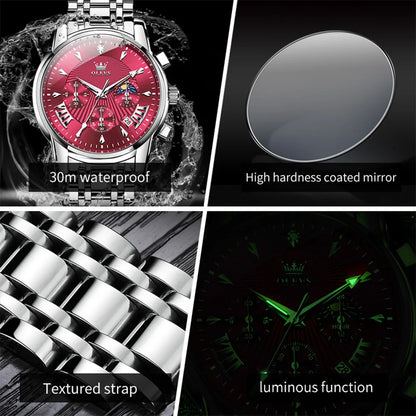 OLEVS Brand Fashion Red Watch For Men Luxury Sport Waterproof Stainless Steel Chronograph Quartz Watches Mens Relogio Masculino