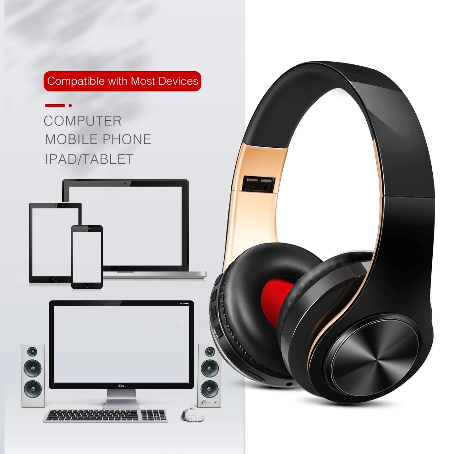 Men Gift Gold Wireless Headphones Bluetooth Earphone Stereo Headset Game with Build-in MIC with Universal for Android and iOS