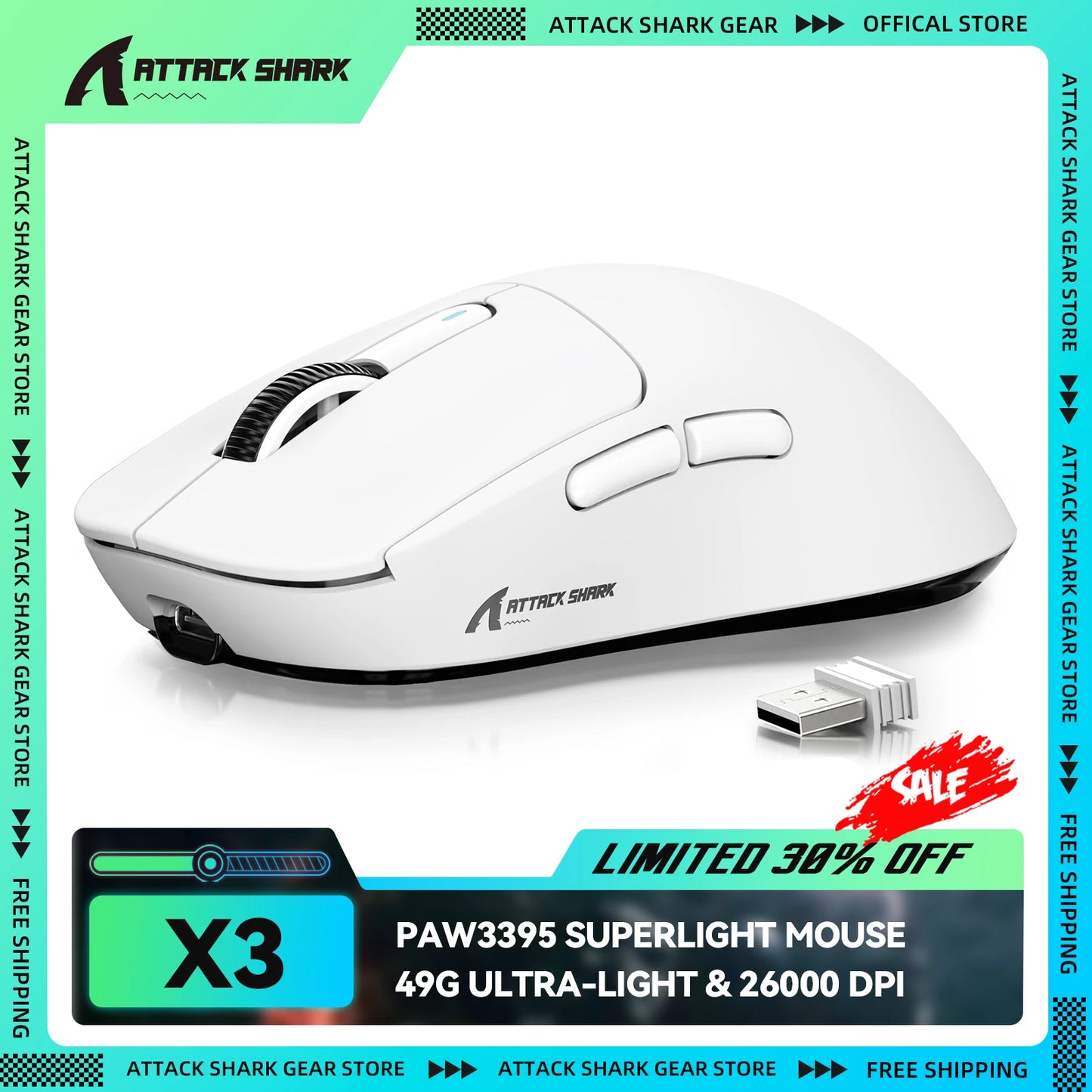 ATTACK SHARK X3 Wireless Gaming Mouse, PixArt PAW3395 Sensor, 26K DPI, 49g Ultralight, Tri-mode 2.4G/Bluetooth/Wired, for PC/MAC