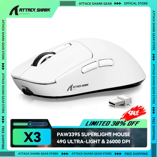 ATTACK SHARK X3 Kabellose Gaming-Maus, PixArt PAW3395 Sensor, 26K DPI, 49g ultraleicht, Tri-Mode 2.4G/Bluetooth/kabelgebunden, für PC/MAC