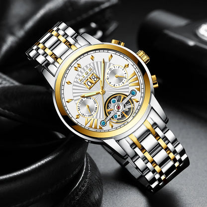 Relógios de pulso mecânicos automáticos para homem LIGE – Relógio de luxo de gama alta com turbilhão, modelo elegante e estanque, ideal para o trabalho ou ocasiões formais.