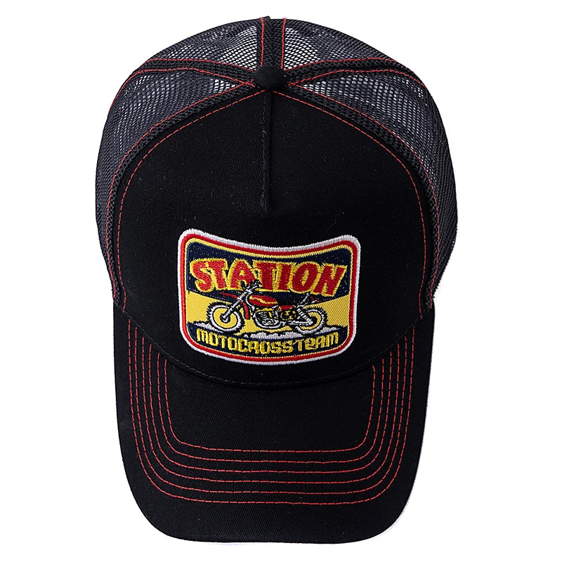 Unisex hálós trucker sapka, klasszikus motoros mintával, lélegző nyári baseball sapka, utcai divat sapka férfiaknak és nőknek