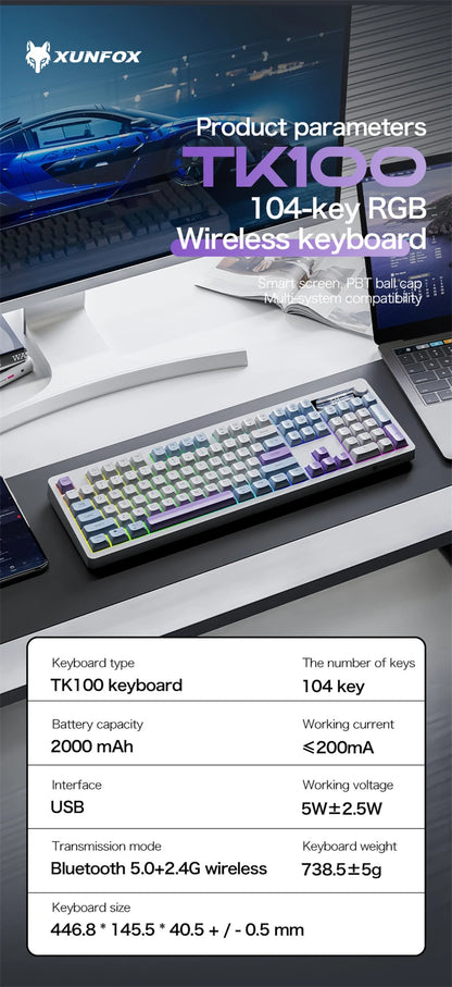 Spanish Wireless Keyboard Russian Spanish Arabic Korean 100% Keyboard Layout With Volume Knob TK100 RGB Light Type C Bluetooth