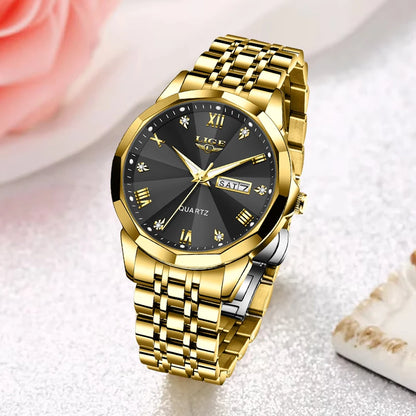 Relógio de pulso de quartzo para mulher LIGE – Elegante e luxuoso, com indicação da data e do dia da semana – Relógio simples e à prova de água, ideal como presente para mulher