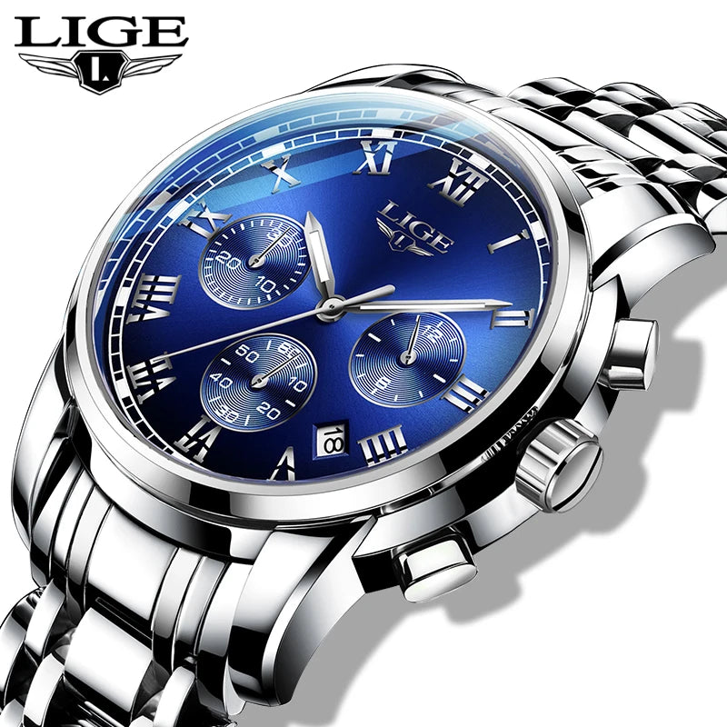 Relógio para homem LIGE – Cronógrafo de luxo, estilo desportivo descontraído, estanque, totalmente em aço, movimento de quartzo