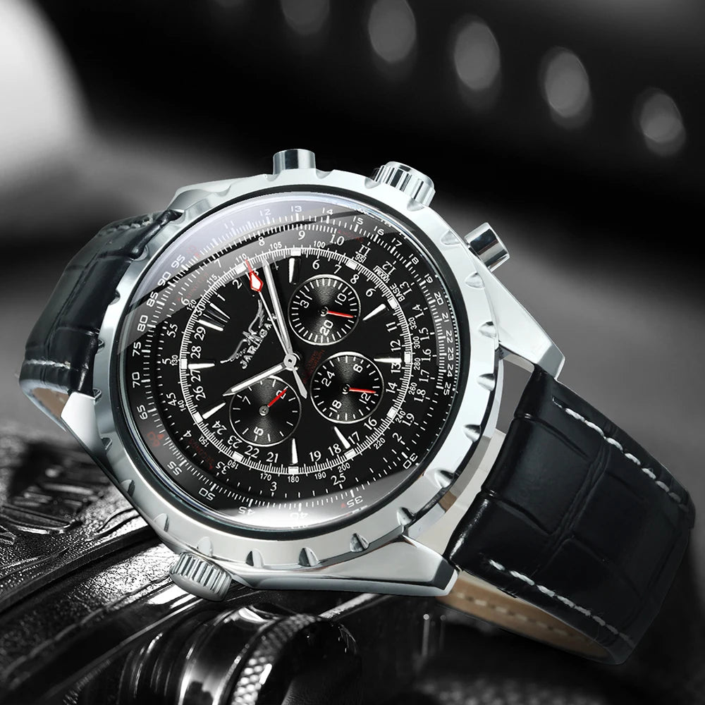 JARAGAR Men’s Luxury Automatic Mechanical Watch  Military Sport Design, Multifunction Dial & Leather Strap