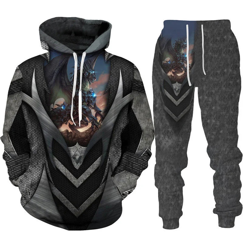 Dres z nadrukiem 3D Retro Dragon Tattoo dla mężczyzn i kobiet, casualowy zestaw z bluzą z kapturem + spodnie, 2 części, oversize, modna odzież męska