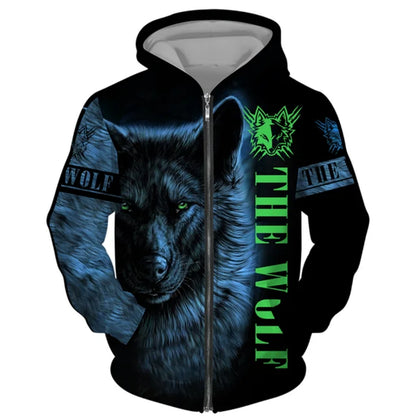 3D Wolf Print Men's Zipper Hoodies Fashion Animal Pattern Top Coat Street Punk Style Oversized Sweatshirts Outdoor Leisure Jackets