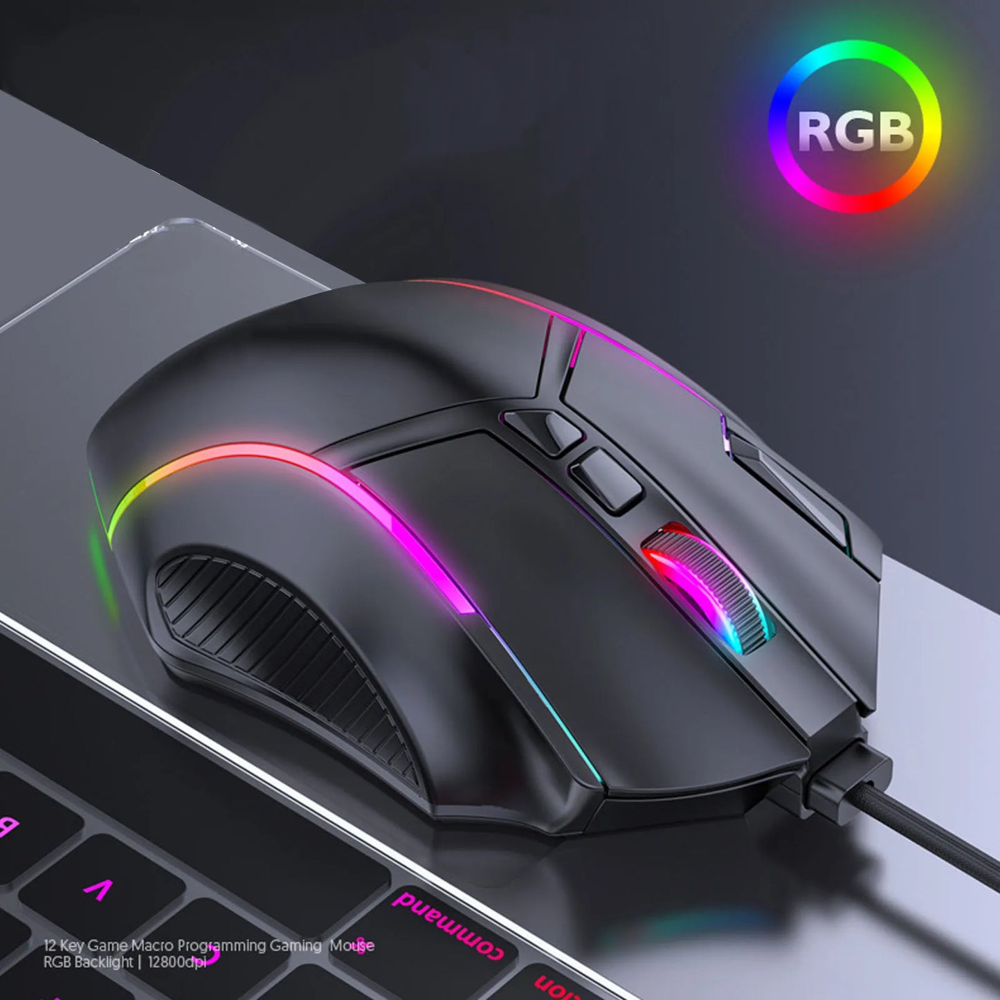 Przewodowa mysz gamingowa RGB 12800DPI z 12 klawiszami i definiowaniem makr – fotoelektryczne akcesorium zamienne do komputera