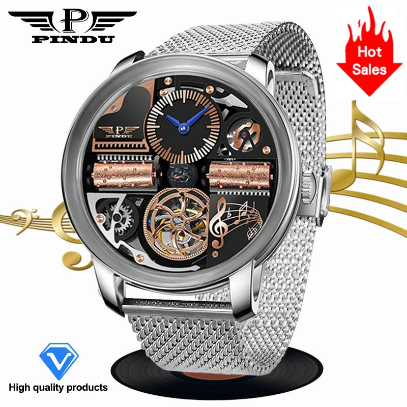 Relógio Automático de Luxo para Homem PINDU Design Music Series 2025 Novo, Movimento Mecânico, Aço Inoxidável, Vidro de Safira, Esqueleto
