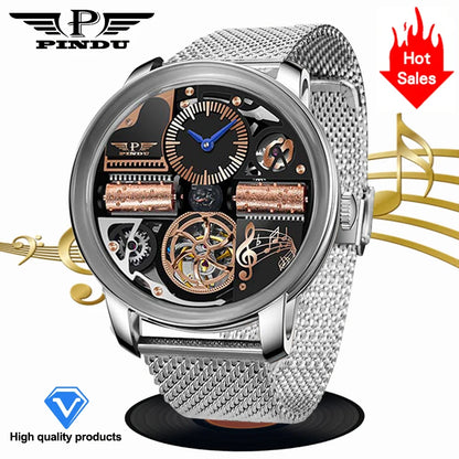 Relógio Automático de Luxo para Homem PINDU Design Music Series 2025 Novo, Movimento Mecânico, Aço Inoxidável, Vidro de Safira, Esqueleto