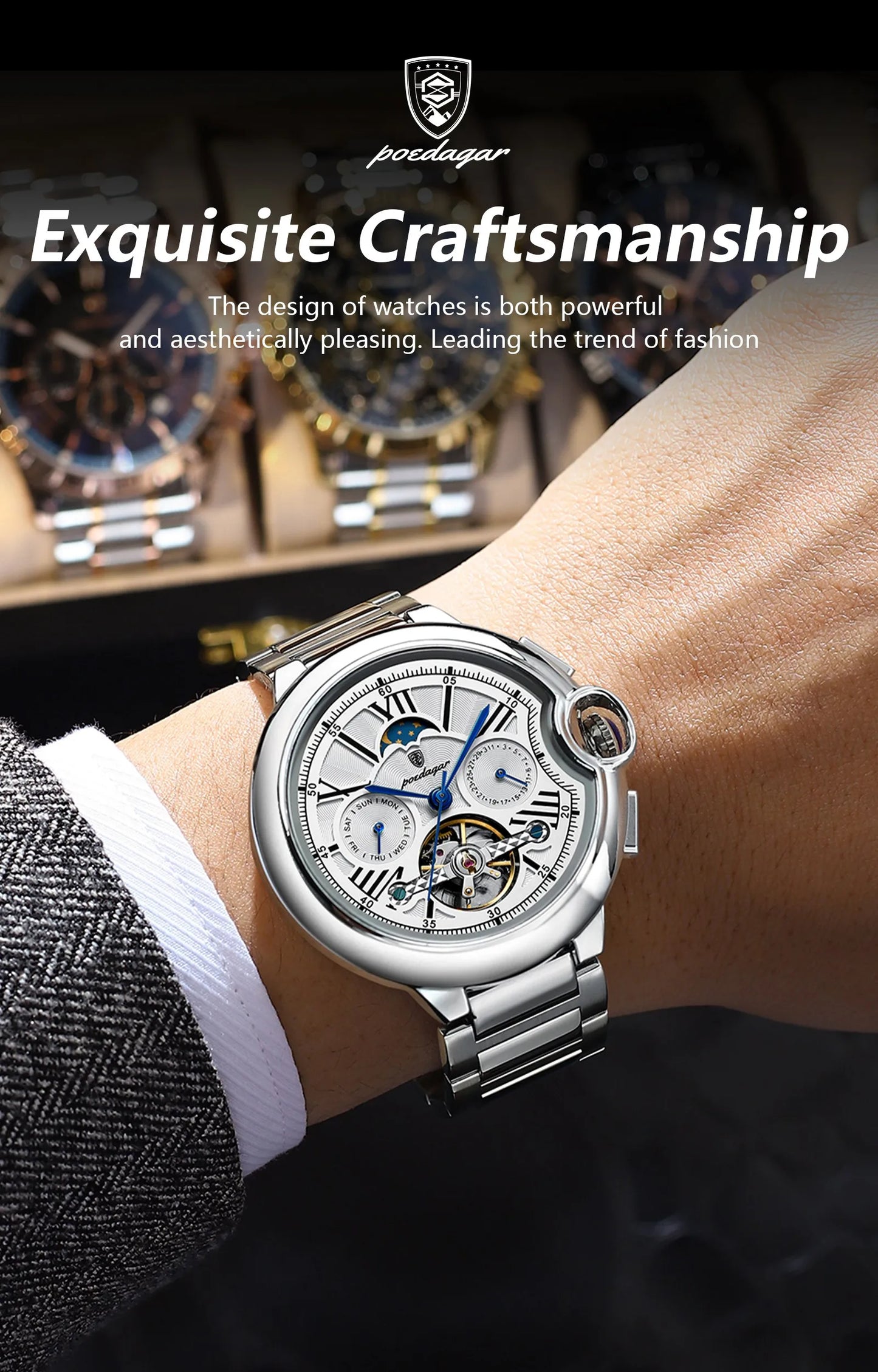 POEDAGAR Luxury Male Watch Tourbillon Date Week Stainless Steel Men Watch Waterproof Automatic Mechanical Military Men's Watches