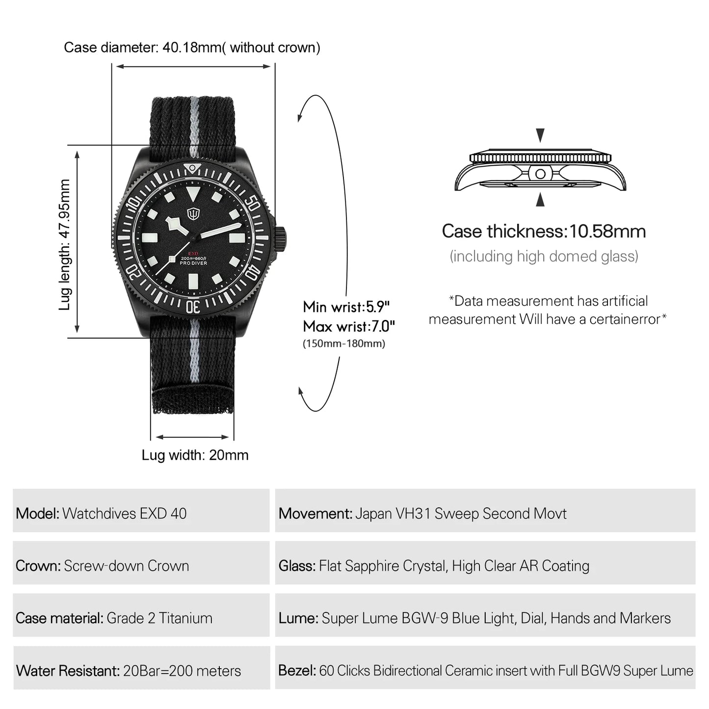 Watchdives EXD 40Mm Titanium Dive Watch Men's VH31 Sweep Quartz Watches 200 Waterproof AR Sapphire BGW9 Luminous 316L Wristwatch
