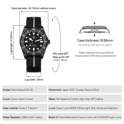 Watchdives EXD 40Mm Titanium Dive Watch Men's VH31 Sweep Quartz Watches 200 Waterproof AR Sapphire BGW9 Luminous 316L Wristwatch