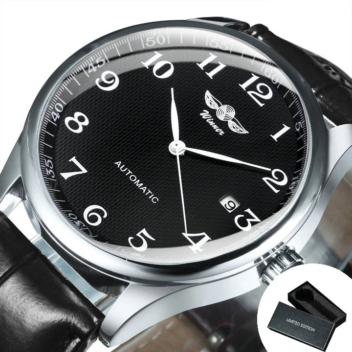 Мъжки часовник WINNER – Класически, ретро и елегантен стил – Механичен часовник с автоматичен механизъм и календар – Луксозна марка, корпус от стомана и кожена каишка