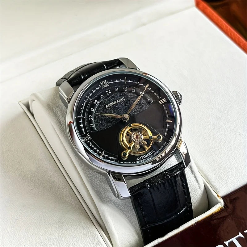 Relógio mecânico automático para homem – Design esqueleto elegante, estilo «business casual» na moda, caixa em liga metálica e bracelete em pele, sem pilha