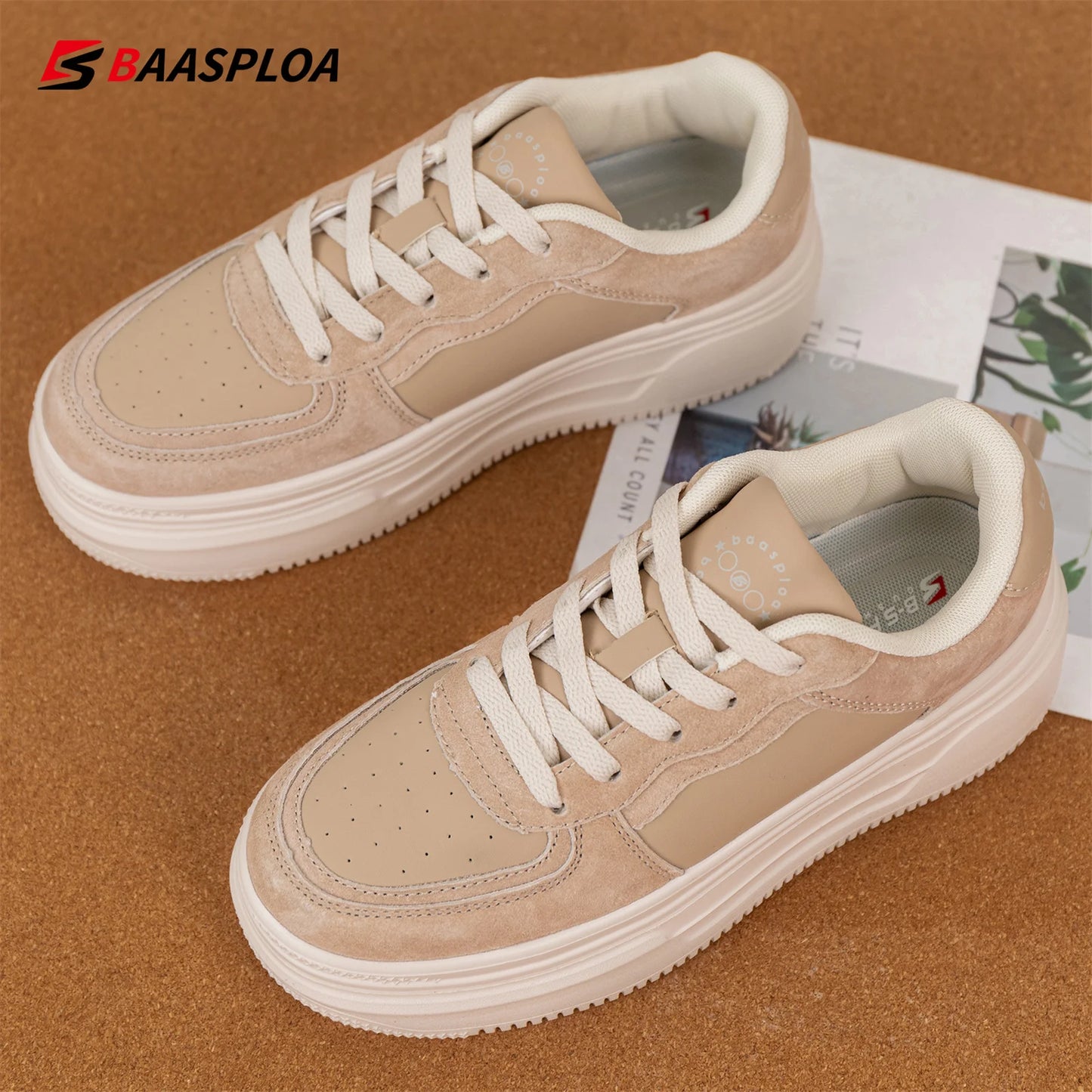 Baasploa Women’s Platform Sneakers Fashion Leather Casual Thick-Soled Shoes for Women Comfort White Skateboarding Shoes Non-Slip