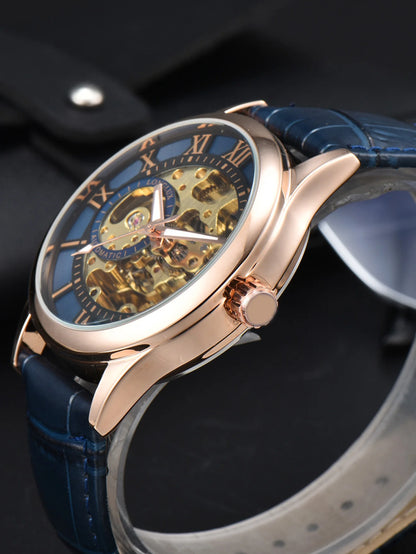 Men’s automatic watch, luxury style, Roman numeral dial, open-worked (skeletonised) movement, water-resistant, luminescent hands, leather strap – An ideal choice as a gift.