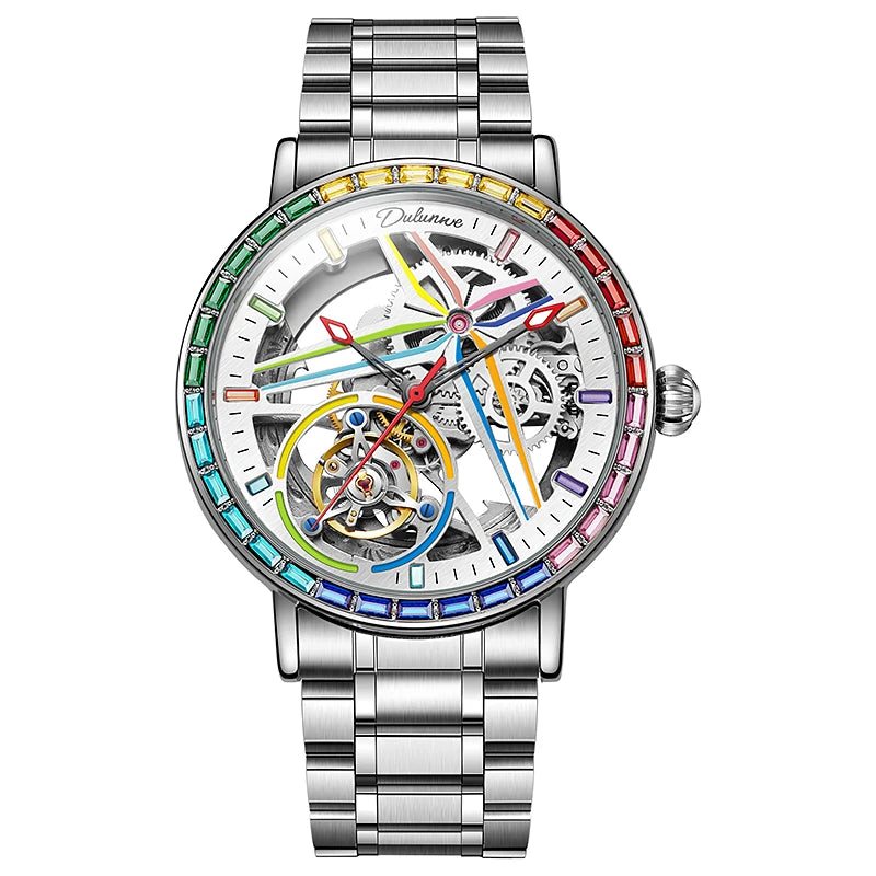 Skelethorloge voor heren, modieuze stijl, versierd met edelstenen in de kleuren van de regenboog, voorzien van een tourbillon; luxe mechanisch automatisch horloge, waterdicht tot 30 meter.