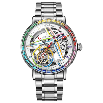 Skelethorloge voor heren, modieuze stijl, versierd met edelstenen in de kleuren van de regenboog, voorzien van een tourbillon; luxe mechanisch automatisch horloge, waterdicht tot 30 meter.