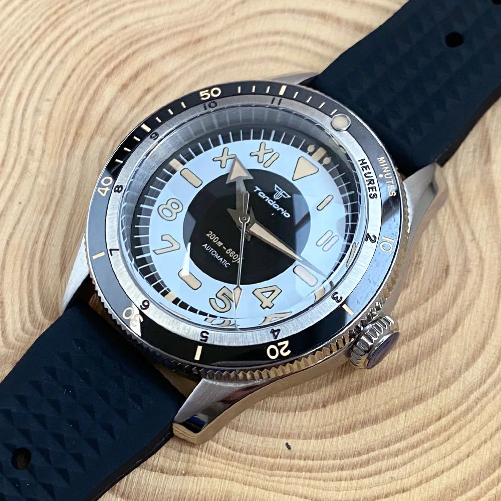 Tandorio NH35A PT5000 Mechanical Mens Watch 20BAR Waterproof Sapphire Luminous Red Black Dial Stainless Steel Bracelet New Clock