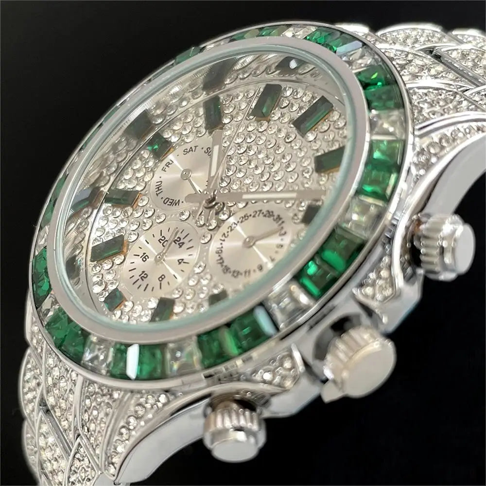 Hot Sell Luxury Green Iced Watch For Men Fashion Stainless steel Quartz Wristwatch Hip Hop Rainbow Diamond AAA Watches Man Reloj