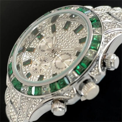Hot Sell Luxury Green Iced Watch For Men Fashion Stainless steel Quartz Wristwatch Hip Hop Rainbow Diamond AAA Watches Man Reloj