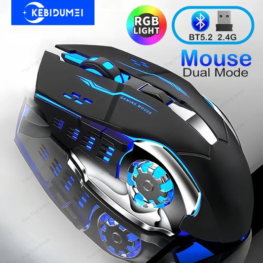 Rato KEBIDUMEI Dual-Mode Bluetooth 5.2, rato sem fios 2.4G RGB gaming, recarregável, silencioso, 3600 DPI, para portátil