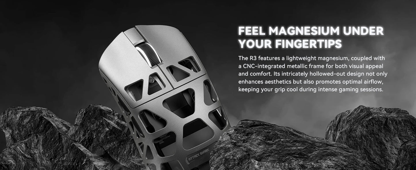 ATTACK SHARK R3 8KHz Magnesium Alloy Gaming Mouse, PAW3395 Sensor, 26000 DPI, Superlight 46g, Tri-Mode Wireless Bluetooth & Wired Mouse for PC/Mac