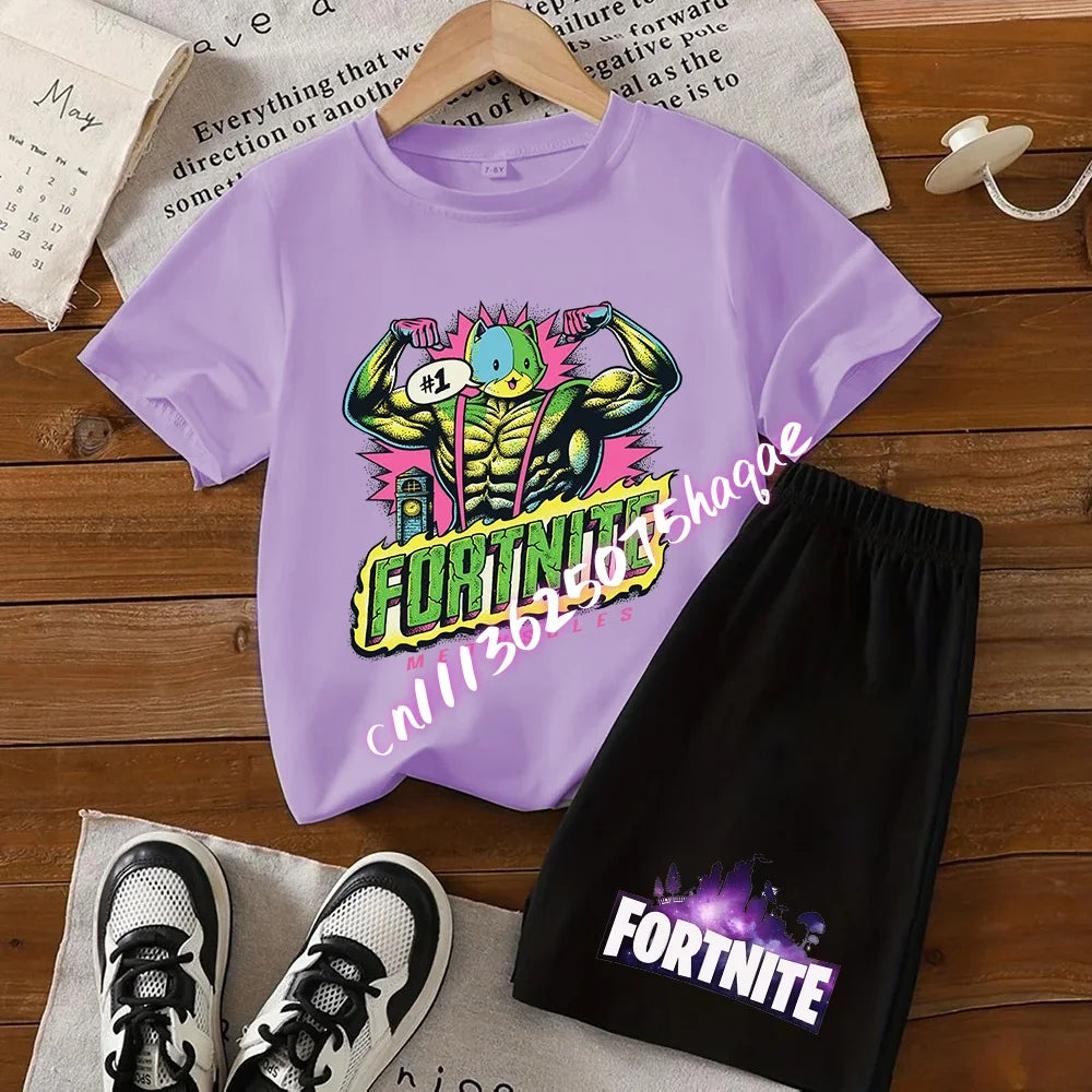 Fortnites Kids T Shirt Shorts Set Cartoon Figure Printed T Shirts Children Tops Summer Casual Sportswear Kids Boys Clothing