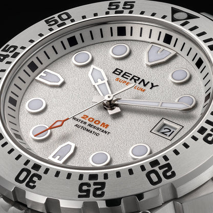 BERNY Men's Automatic Diver Watch Supper Luminous Sapphire AR Coated MIYOTA 8215 316LStainless Steel Single Crown Diving Watches